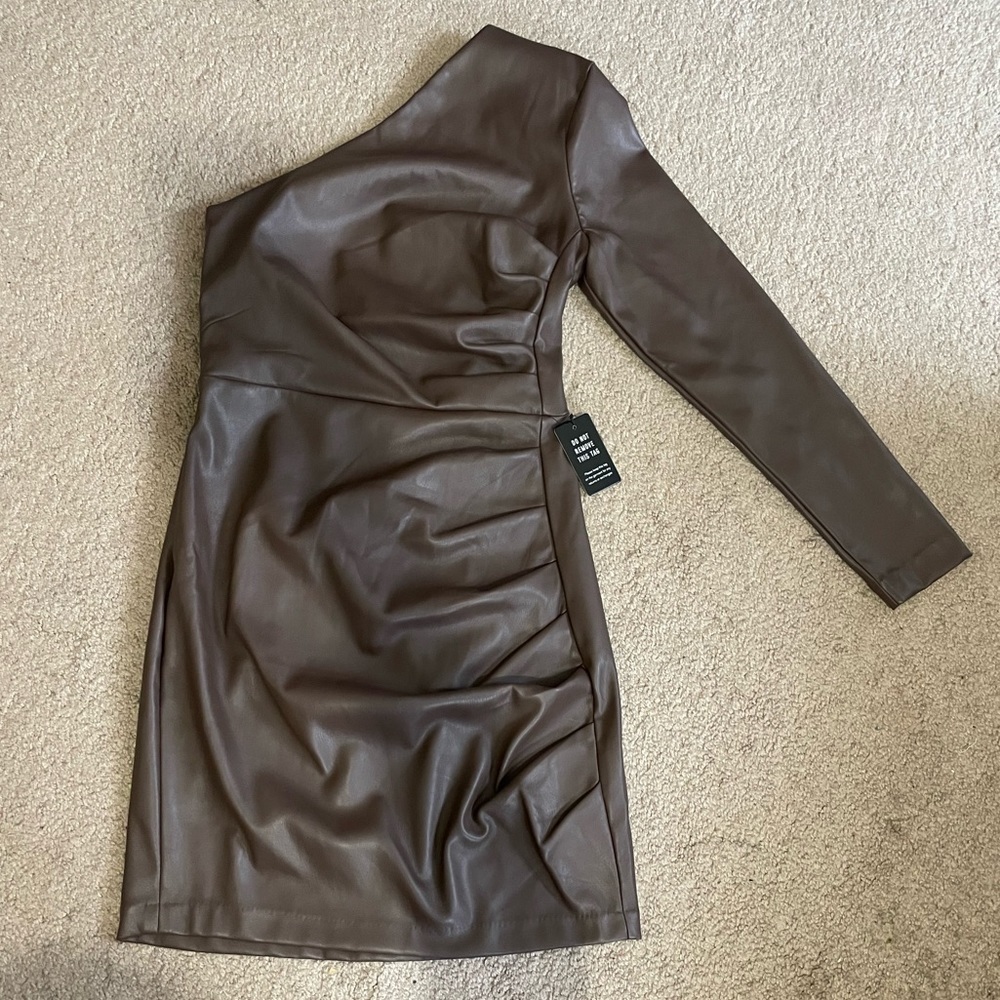Express one shoulder‎ brown vegan leather mini dress size small